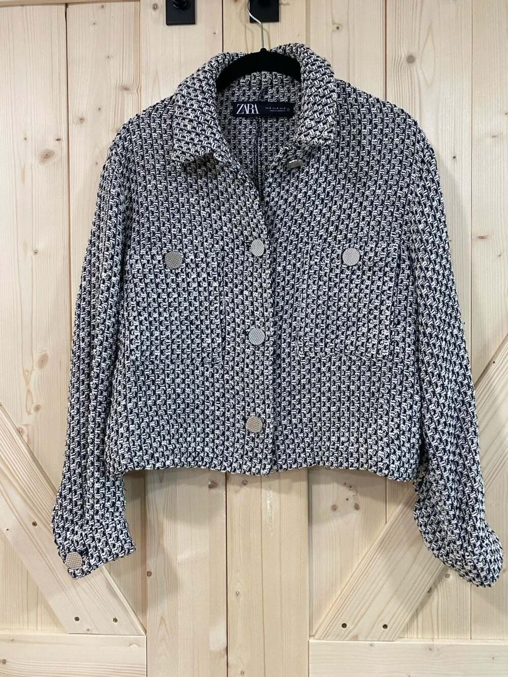 Zara Tweed Jacket Size M Black White Crop Coat